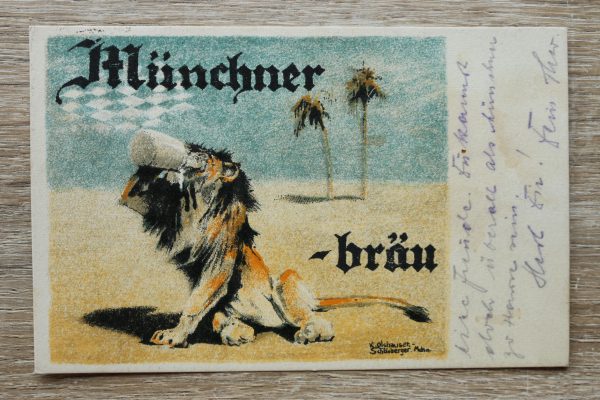 AK München / 1930er Jahre / Litho Künstlerkarte K. Olshauser Schönberger / Münchner Bräu / Löwe Bierkrug Durst Wüste